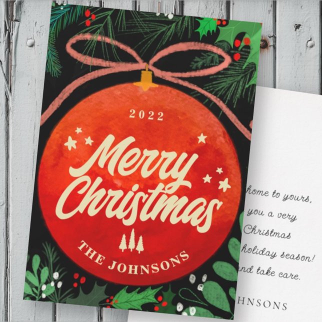 Modern Red jul Boll Ornament Botanical Julkort (Skapare uppladdad)