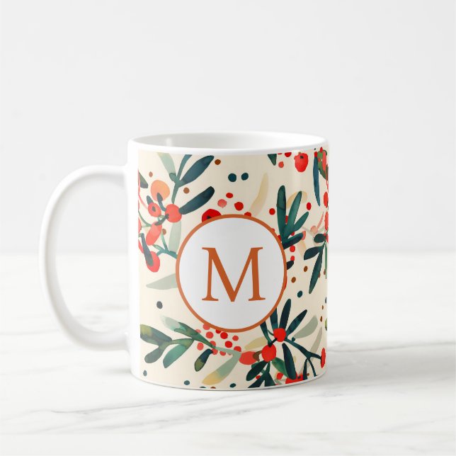 Modern Red jul Holly Berries Monogram Kaffemugg (Vänster)