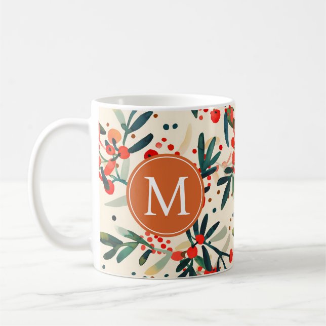 Modern Red jul Holly Berries Monogram Kaffemugg (Vänster)