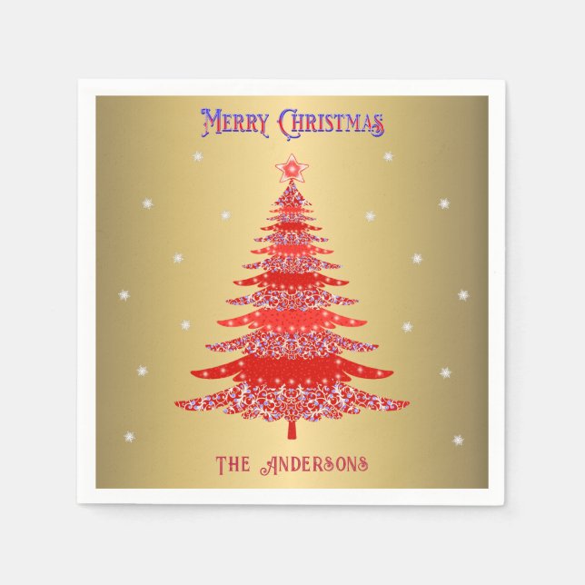 Modern Red Julgran Snöflingor Namn Guld Pappersservett (Framsidan)