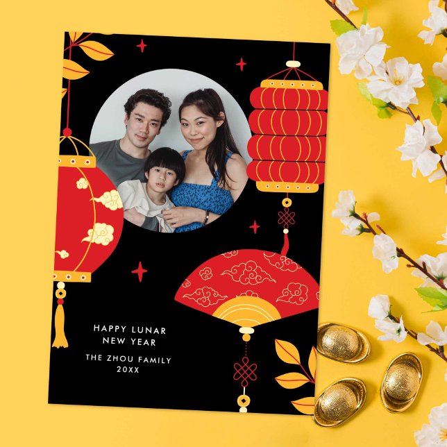 Modern Red Lanterns Lunar China New Year Photo Julkort (modern red lanterns Chinese/Lunar New Year photo card with black background)