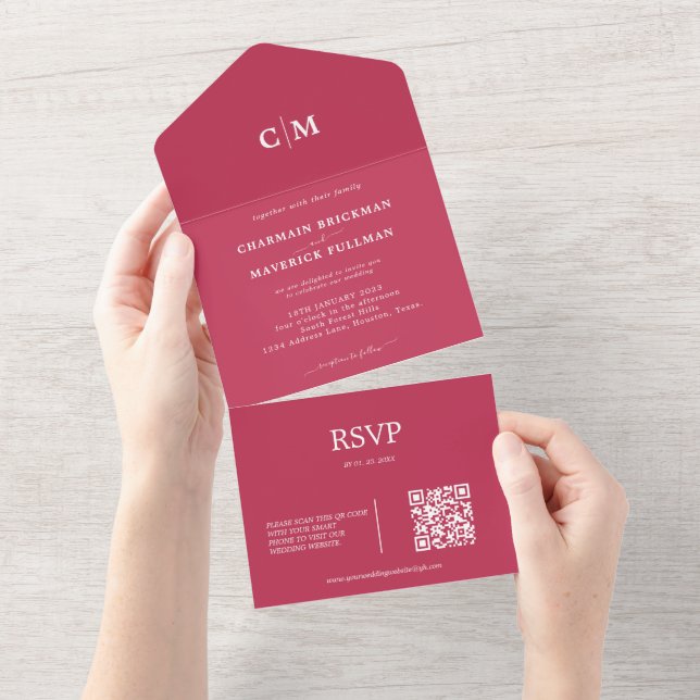 Modern Red Magenta Monogram QR Code OSA Bröllop (Avrivbar del)