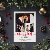 Modern Red Married and Merry Bröllop Photo Collage
