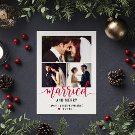 Modern Red Married and Merry Bröllop Photo Collage Julkort