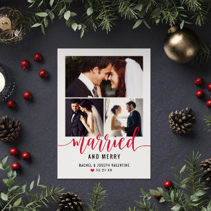 Modern Red Married and Merry Bröllop Photo Collage Julkort