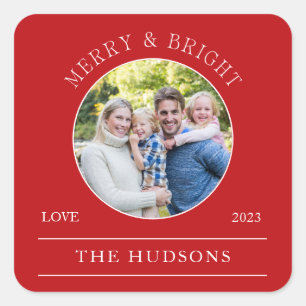 Modern Red Merry & Bright Round Photo Fyrkantigt Klistermärke