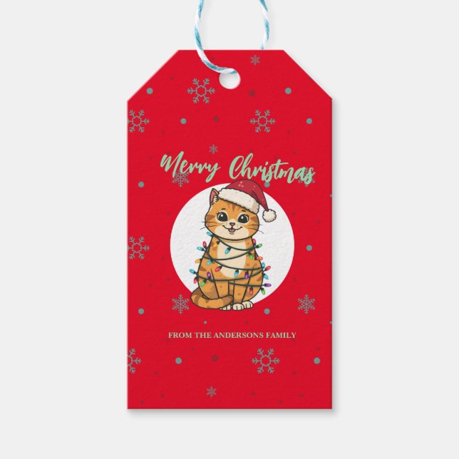Modern red merry cat snowflake Christmas kitten Presentetikett (Framsidan)