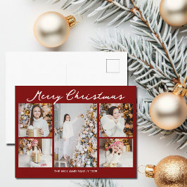 Modern Red Merry Christmas Photo Collage Helg Vykort