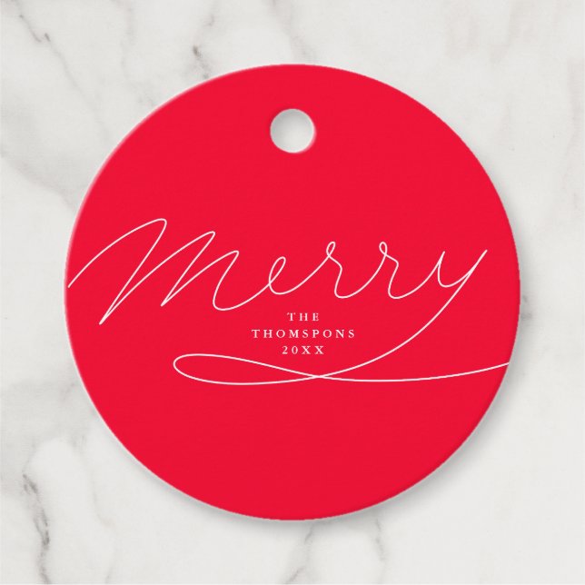 Modern Red Merry Hand Lettered Script-Helgdag Gåvor Etiketter (Framsida)