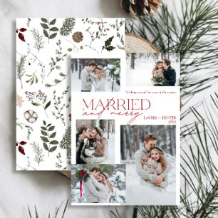 Modern Red Merry & Married Photo Newlyed Julkort