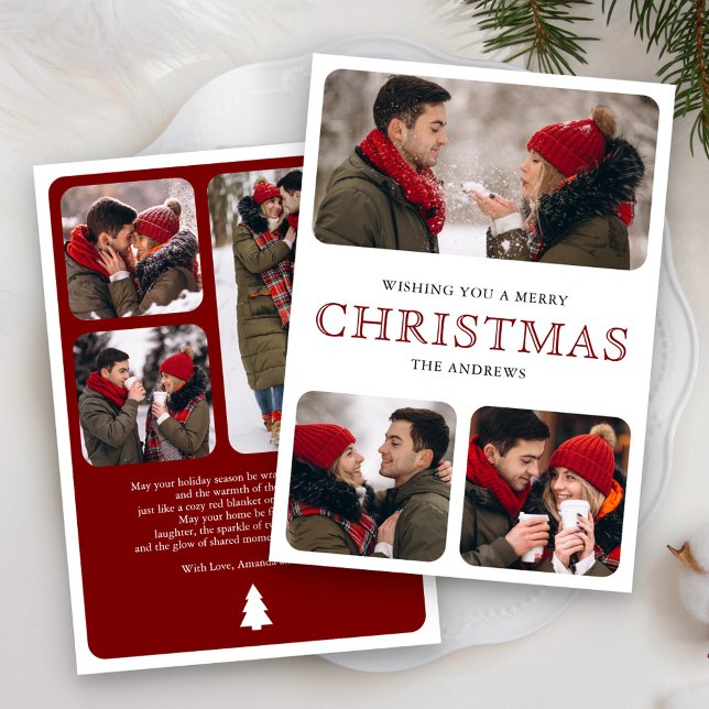 Modern Red Minimal 6 Photo Collage Christmas Julkort (Skapare uppladdad)