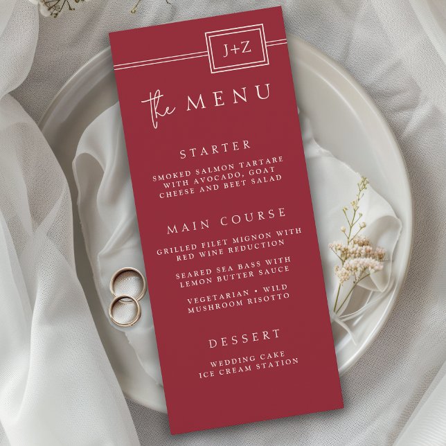 Modern Red Minimalist Monogram Bröllop Menu Meny (Skapare uppladdad)