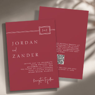 Modern Red Minimalist Monogram Bröllop QR-kod Inbjudningar