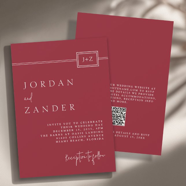 Modern Red Minimalist Monogram Bröllop QR-kod Inbjudningar (Available in both printed and instant download digital formats.)