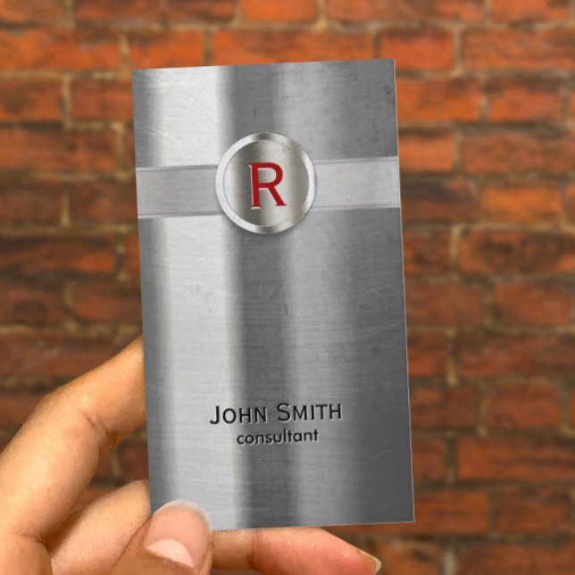 Modern Red Monogram Metall Struktur Affärskort Visitkort (Skapare uppladdad)