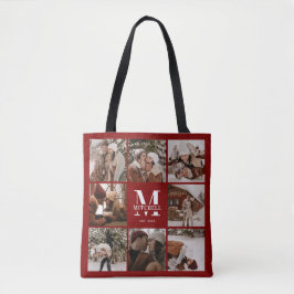 Modern Red Monogram och Photo Collage Personlig Tygkasse