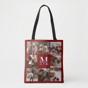 Modern Red Monogram och Photo Collage Personlig Tygkasse