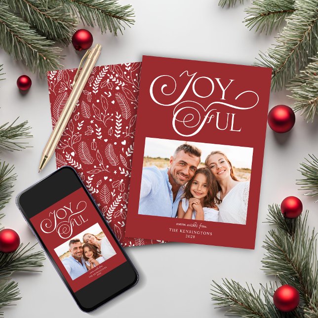Modern Red Mönster Glatt Helgdag Photo Julkort (Modern Red Pattern Joyful Holiday Photo Christmas Card)