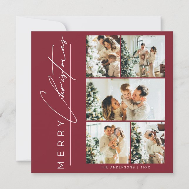 Modern Red Multi Photo Merry Christmas Script Julkort (Framsida)