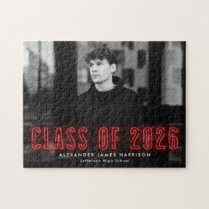 Modern Red Neon Class of 2025 Photo Studenten Pussel