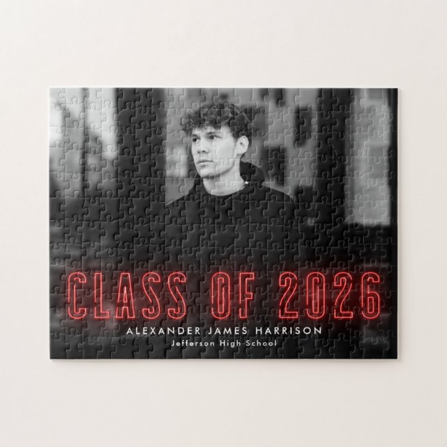 Modern Red Neon Class of 2025 Photo Studenten Pussel (Horisontell)