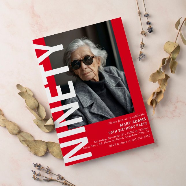 Modern Red NINETY Photo 90:e Födelsedagsfest Inbjudningar (Skapare uppladdad)