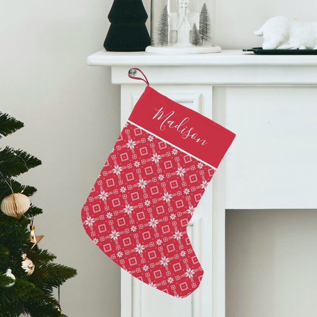 Modern Red Nordic Snowflake Personlig Liten Julstrumpa (Skapare uppladdad)