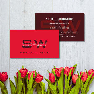 Modern Red och Burgundy Simple med Monogram Chic Visitkort