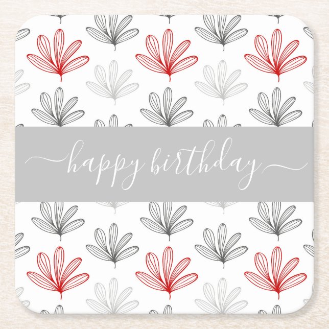 Modern Red och Grått Blommönster Birthday Underlägg Papper Kvadrat (Framsidan)