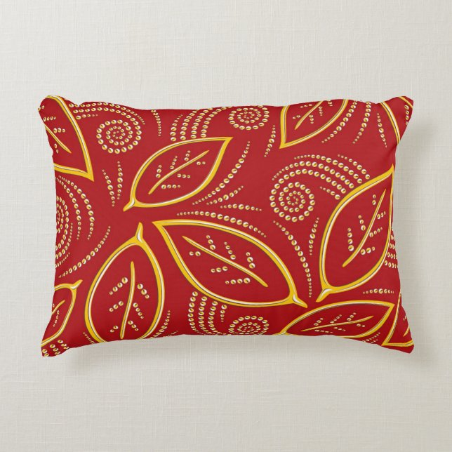 Modern Red och Guld Illustrated Löv Mönster Prydnadskudde (Framsidan)