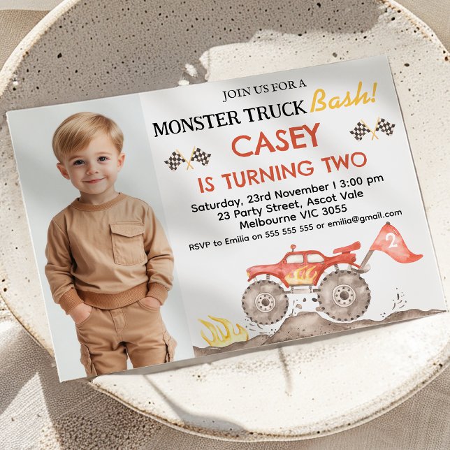 Modern Red Photo Monster Lastbil Bash Birthday Inbjudningar (Monster Truck Bash Birthday Invitation With Photo, Boys Red Monster Truck Birthday Invite Any Age)