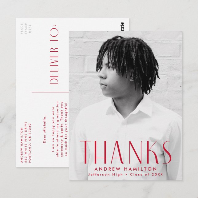 Modern Red Photo Studenten Tack Vykort (Fram/baksida)