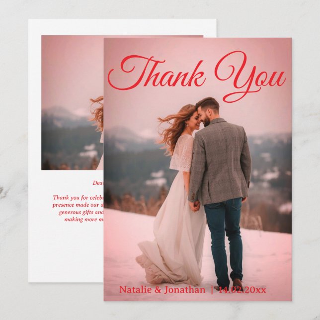 Modern Red  Photo Wedding Thank You Card W Note Tack Kort (Fram/baksida)