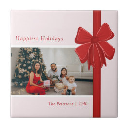 Modern Red & Pink Ribbon Bow Wrap Photo Christmas Kakelplatta