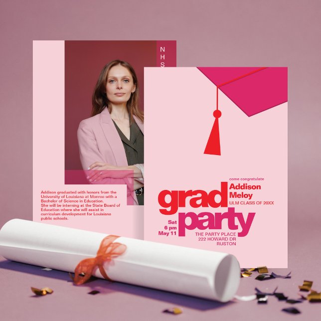 Modern Red & Pink Typography Grad Party Photo Inbjudningar (Skapare uppladdad)