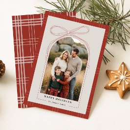 Modern Red Plaid Bow Family Arch Photo Christmas Julkort