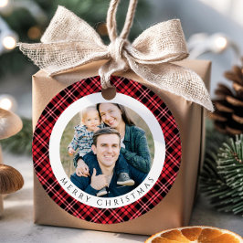 Modern Red Plaid Photo Christmas Gåvor Etiketter