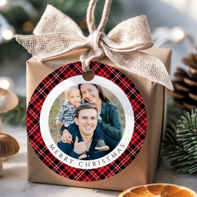 Modern Red Plaid Photo Christmas Gåvor Etiketter (Modern Red Plaid Photo Christmas Favor Tags)