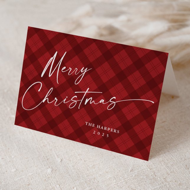 Modern Red Play-Elegant Jul Helgkort (Modern handwritten Merry Christmas Script Red Plaid Folded Holiday Cards.)
