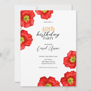 Modern Red Poppy Blommigt Födelsedagsfest Inbjudningar