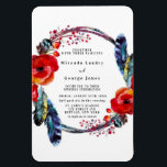 Modern Red Poppy Boho Feather Wedding bjudande in Magnet<br><div class="desc">Den här designen har blommigt inslag med rött orange och tealblåduva. Underbar för bröllop firande! Det här är en blandning och matchande samling biet. Njut</div>
