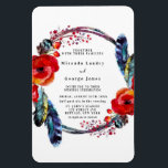 Modern Red Poppy Boho Feather Wedding bjudande in Magnet<br><div class="desc">Den här designen har blommigt inslag med rött orange och tealblåduva. Underbar för bröllop firande! Det här är en blandning och matchande samling biet. Njut</div>