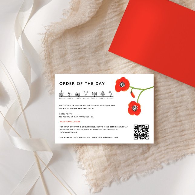 Modern Red Poppy Bröllop Timeline-kuvert Tilläggskort (Flower Red poppies Wedding Timeline Enclosure card)