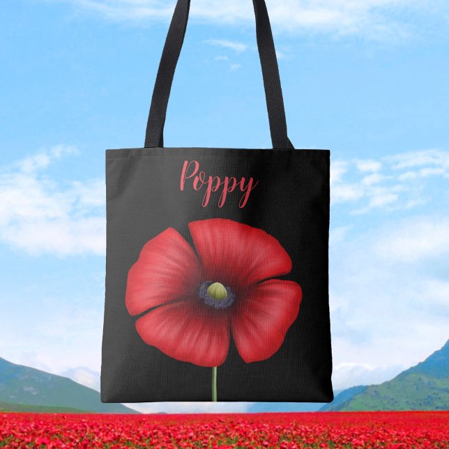 Modern Red Poppy Namn Black Blommigt Tote Bag Tygkasse (A pretty poppy tote bag for you to pop your name on)