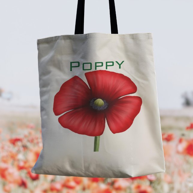 Modern Red Poppy Namn Blommigt Tote Bag Tygkasse (Pop your name on this pretty poppy tote bag!)