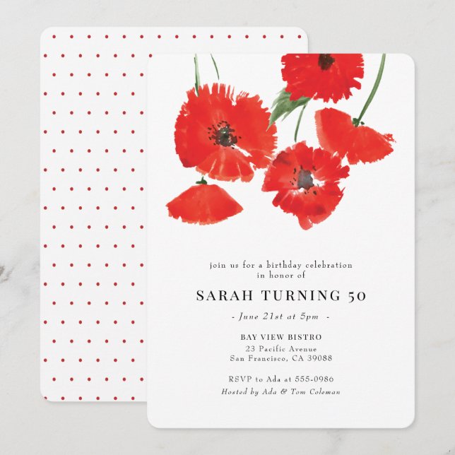 Modern Red Poppy Watercolor Birthday Inbjudningar (Fram/baksida)