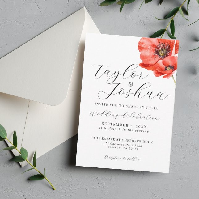 Modern Red Poppy Wedding Invitation | Floral | Inbjudningar (Skapare uppladdad)