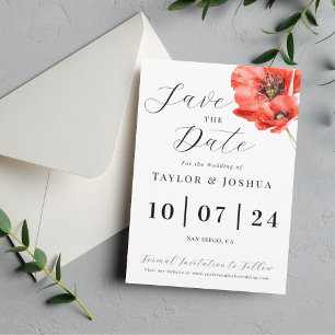 Modern Red Poppy Wedding Save the Date Postcard Vykort