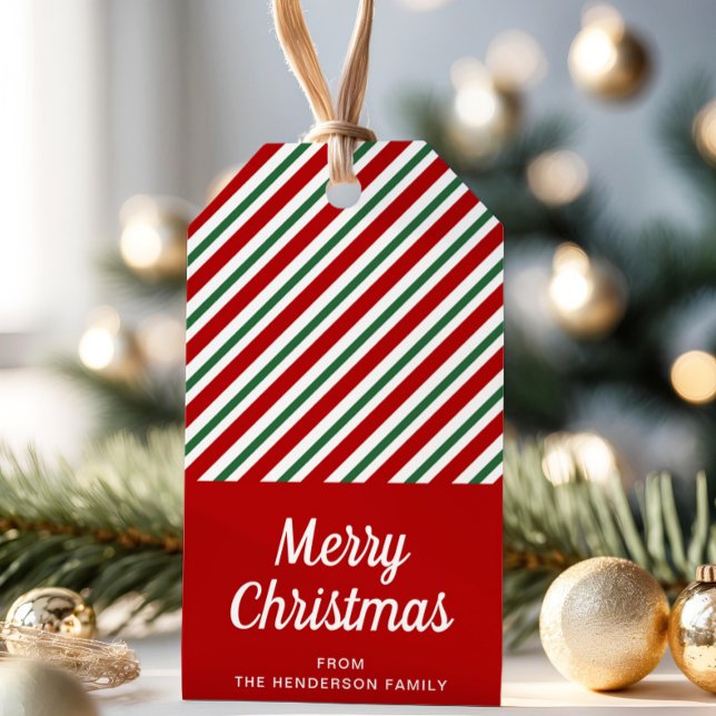 Modern Red Rand God jul Presentetikett (Modern Red Stripes Merry Christmas Gift Tags)