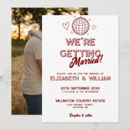 Modern Red Retro Disco Groovy Bröllop Photo Inbjudningar